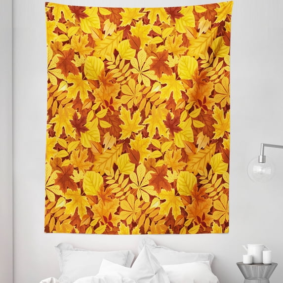 Tree Tapestry, Shady Fall Oak Maple Tree Leaves on Faded Tones Seasonal Foliage Art, Fabric Wall Hanging Decor for Bedroom Living Room Dorm, 5 Sizes, Earth Yellow Marigold, by Ambesonne