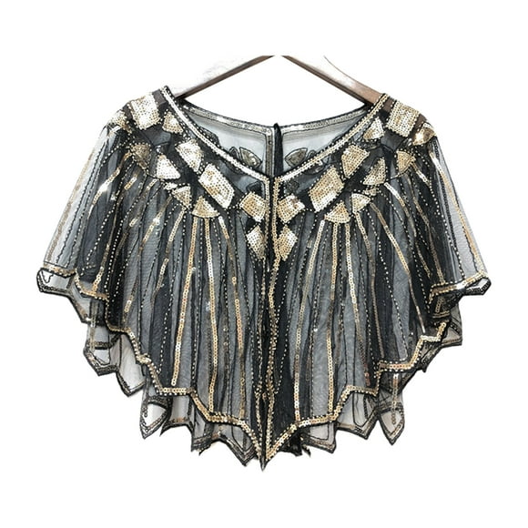 Visland Women Cape Crochet Lace All-match Mesh Summer Beaded Sequin Shrug Flapper Dress Shawl for Party