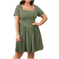 thumbnail image 1 of Robes à Encolure Carrée pour Femmes Fête Grande Taille Robes Trapèze à Volants Semi-Formelles Manches Courtes Taille Haute Robes d'Été Vert, TG, 1 of 7