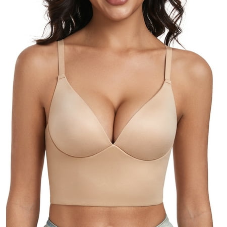 Exerin Plunge Pullover Push Up Bras Women s Wirefree Deep V Neck Padded Comfortable Plus Size Bra(Beige 38D)