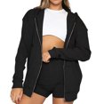 thumbnail image 2 of Conjunto de pantalones cortos con capucha y cremallera, manga larga, poliéster, transpirable, conjunto de salón de 2 piezas para mujer para correr, negro, XL, 2 of 5