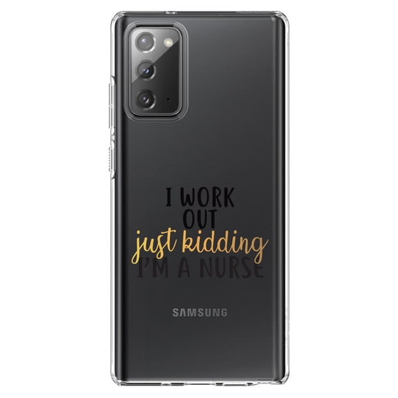 DistinctInk Clear Shockproof Hybrid Case for Galaxy Note 20 ULTRA (6.9" Screen) - TPU Bumper Acrylic Back Tempered Glass Screen Protector - I Work Out - Just Kidding, I'm a Nurse