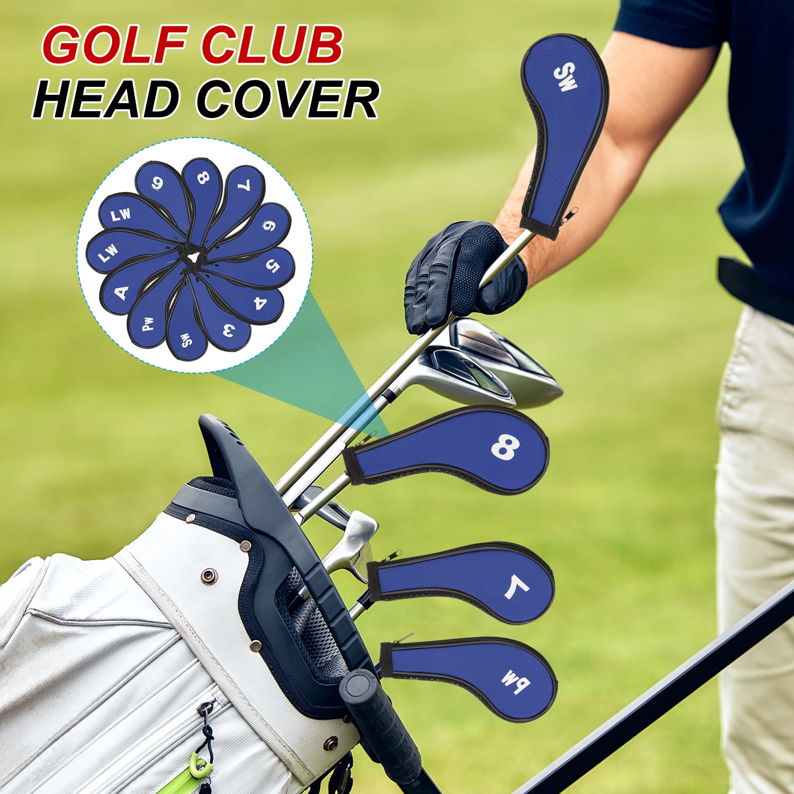 Golf Club Head Cover, 12 Pcs Neoprene Driver Headcover Golf Lovers Gifts for Men Women Blue/Black