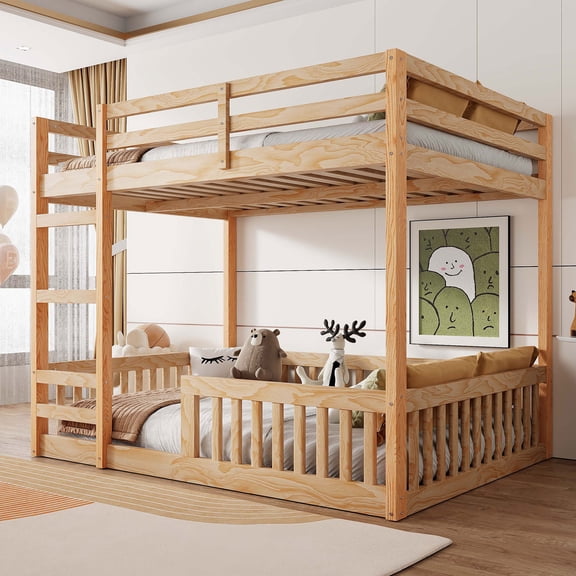 DeepRoar Bunk Bed Full over Full, Wood Bunk Bed Frame with Fence, Guardrails and Ladder, Full Bunk Beds for Teens and Adults, Space Saving Bunk Bed for Bedroom, Dorm, No Box Spring Needed, Natural