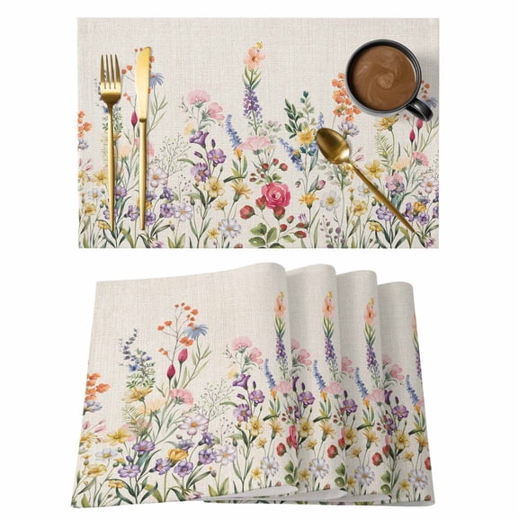 Placemats Set of 8, Watercolor Wildflowers Woven Placemat, Linen Place Mats for Kitchen/Dining Tables, Farmhouse Botanical Flowers Herbs Washable Table Mats for Party
