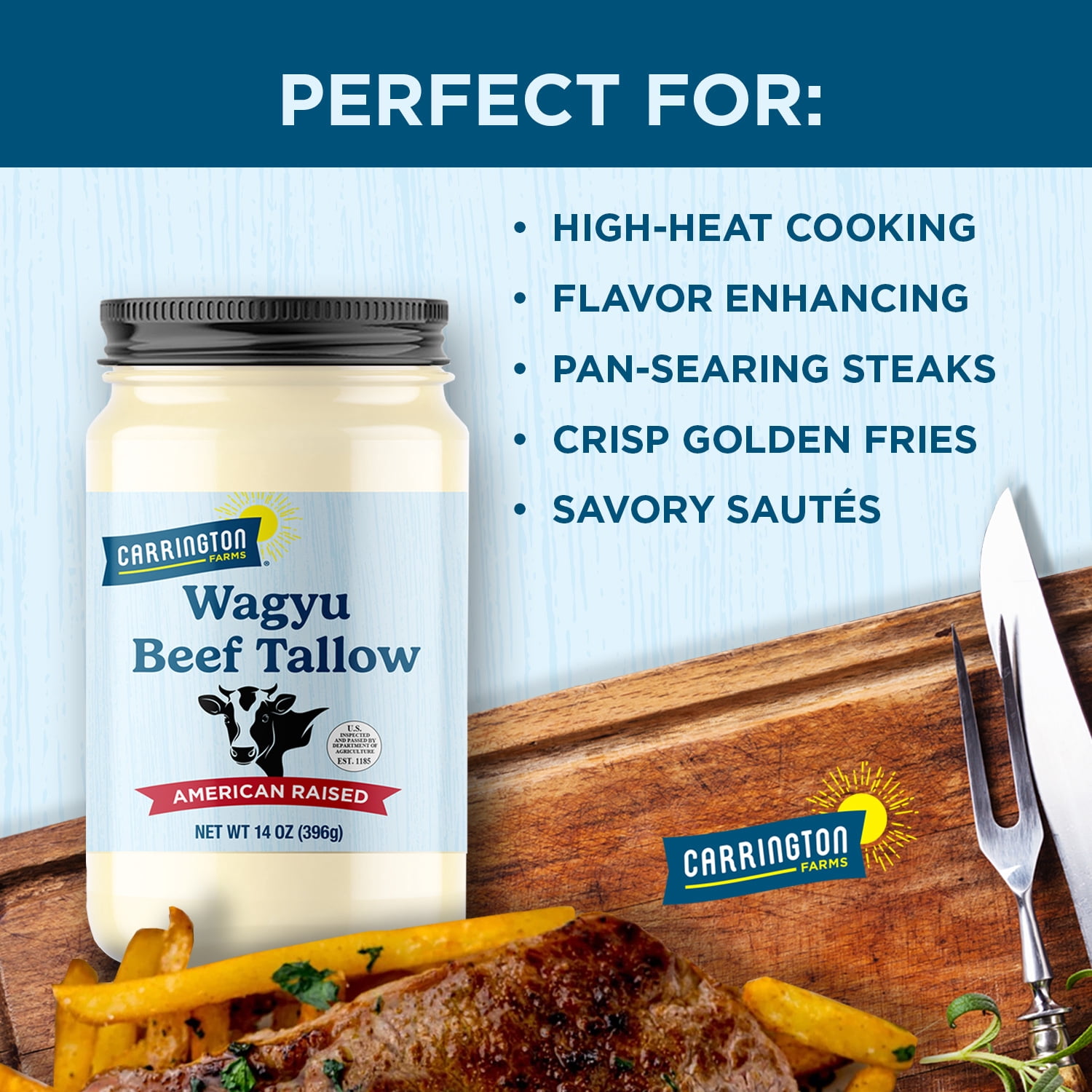 Carrington Farms 100% Pure Wagyu Beef Tallow, Food‑Grade, High‑Heat Cooking & Multi‑Use Skincare Fat - Additive‑Free, Non‑GMO