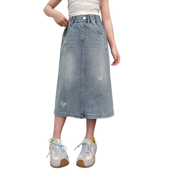 oqasdz Girls Skirts Elastic Waist Stretch Long Denim Skirt with Rhinestone Design for Toddler and Big Kids Casual Dailywear