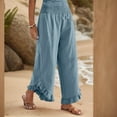 thumbnail image 5 of Linen Pants Women Summer Wide Leg Smocked Waist Ruffle Hem Palazzo Pants Boho Flowy Beach Vacation Pant with Pockets Light Blue L, 5 of 9