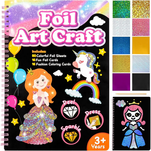 Fun Foil Art Kit for Kids - Art Craft Activity for Kids ， DIY Foil Coloring Kits for Girl Toys Age 3-5,Idea Birthday Christmas Gift for Girl Boy Children 3 4 5 6 7 8 9 Year Old
