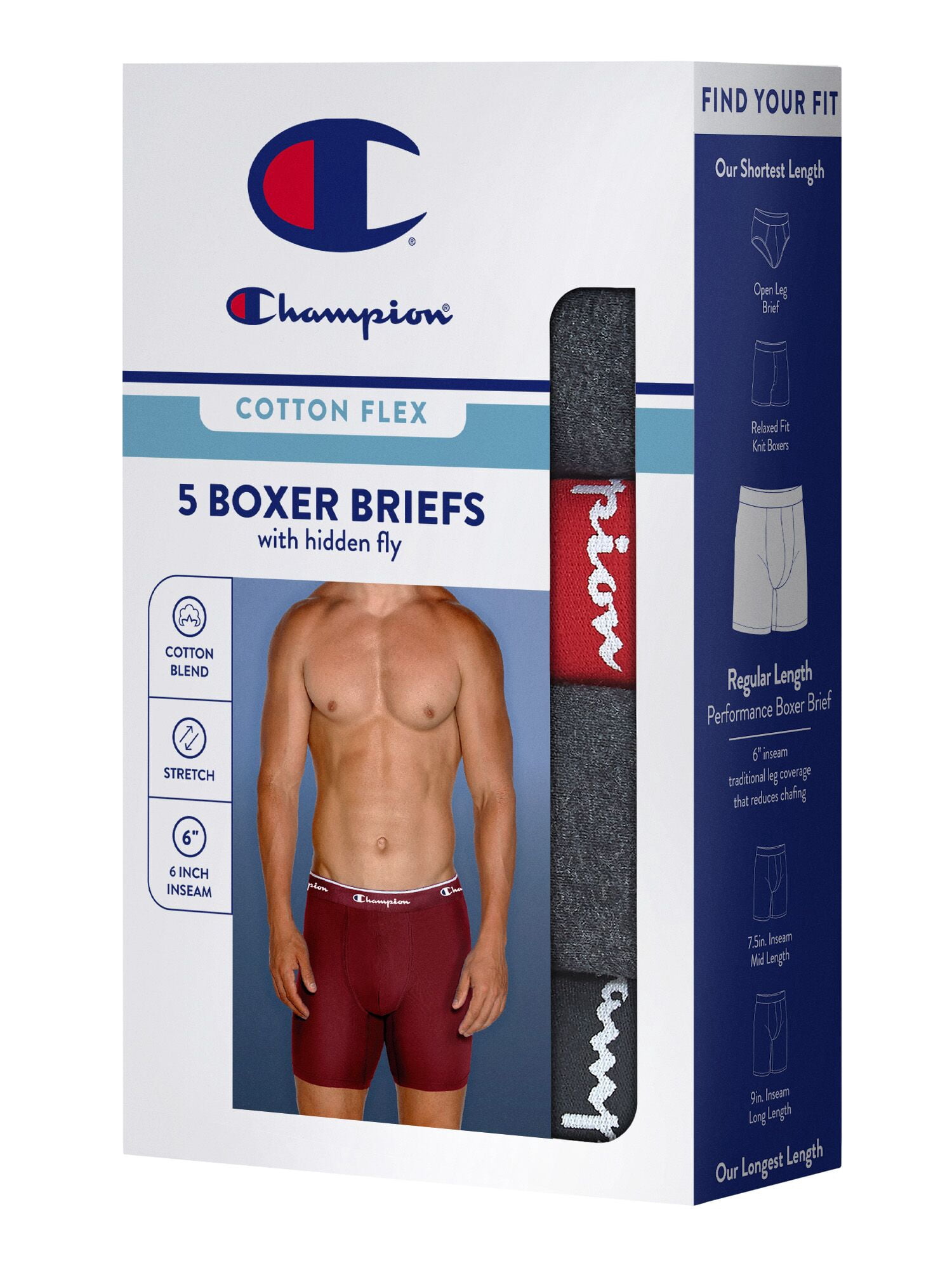 Champion Men’s Boxer Briefs – 5 Pack Cotton Flex Underwear, Tag Free and Hidden Fly, Sizes S–2XL