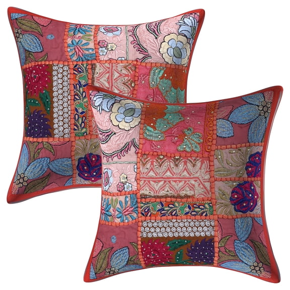 Stylo Culture Ethnic Cotton Living Room Throw Pillow Covers Orange 12 x 12 Bohemian Vintage Patchwork Ethnic Sofa Cushion Covers 30x30 cm Decorative Abstract Square Pillow Cases | Set Of 2