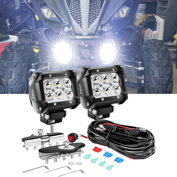 Nilight 2Pcs 4" 18W Spot led Pods Universal Adjustable Pillar Hood Led Work Light Mount Bracket with Off Road Wiring Harness-2 Leads