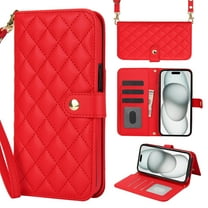 for iPhone 16 Wallet Case with Lanyard   Crossbody Strap, Elegant PU Leather Kickstand Anti-drop Phone Case Cover with 5 Card Slots   1 Cash Pocket for iPhone 16, Red