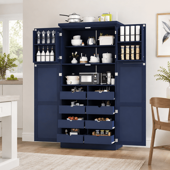 Aukfa 71" Tall Kitchen Pantry Cabinet, 4-Door Freestanding Pantry Hutch Storage Organizer with 8 Pull-Out Trays,Blue