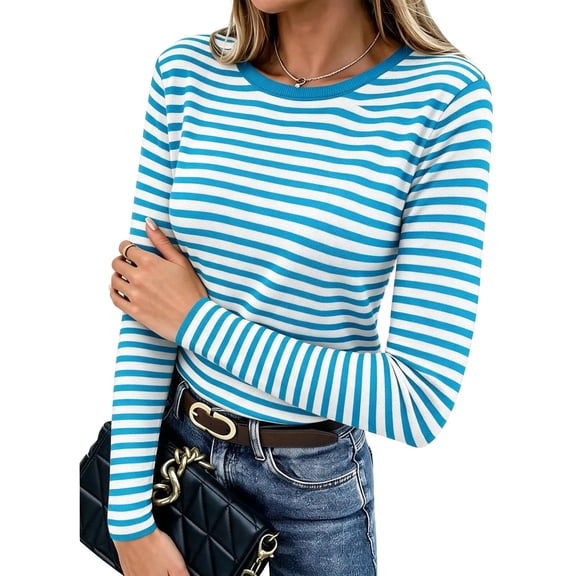 BLVB Women Long Sleeve Shirts Fitted Striped Tops Slim Basic Tee Crewneck Stretchy Base Layer Clothing(Sky Blue,X-Large)