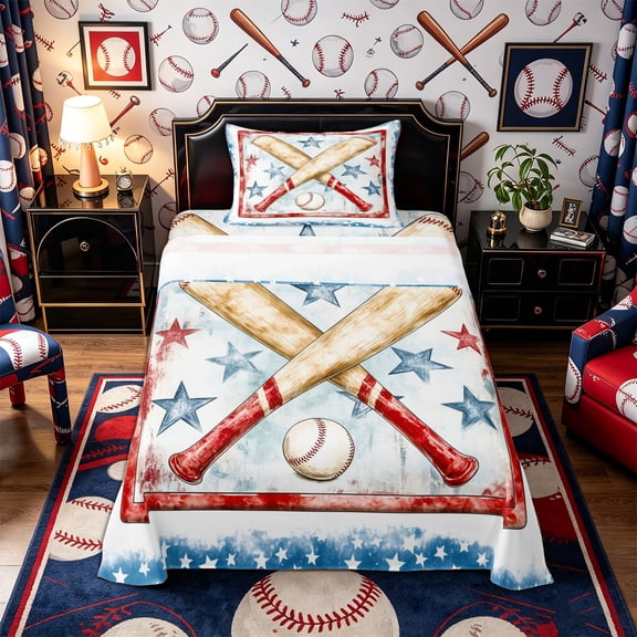 Castle Fairy Sport Baseball Bat Twin Sheets 3pcs, Vintage Stars Print Bedding, Red Blue White,1 Fitted Sheet, 1 Flat Sheet and 1 Pillowcase