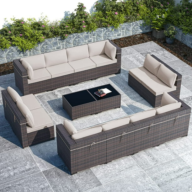 Gotland Outdoor Patio Furniture Set 14 Pieces Sectional Rattan Sofa Set