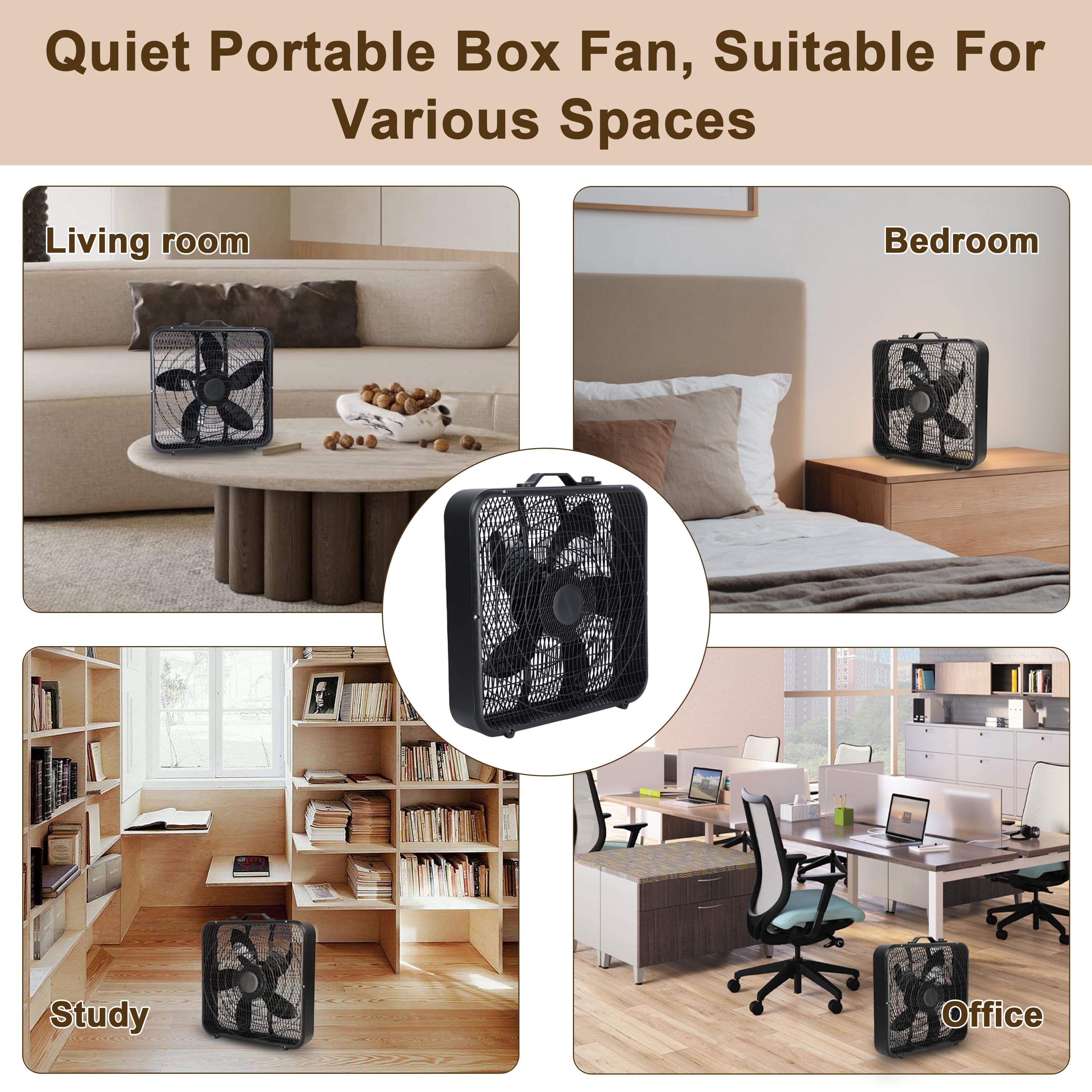 Avobird 20 Inch Classic Box Fan with Carry Handle for bedroom, 3 Quite Speeds 2000CFM Powerful Airflow, Floor Fan for Office & Living Room(Black)