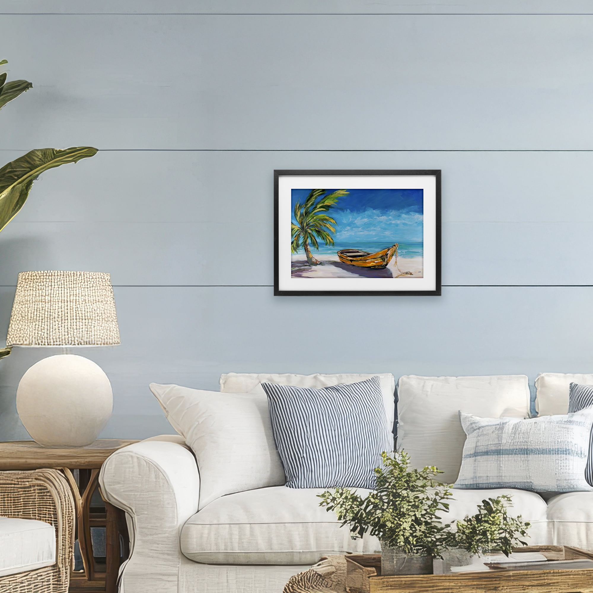 Stupell Industries Lost Island Palm & Boat Black Framed Print Under Glass, design by Julie DeRice