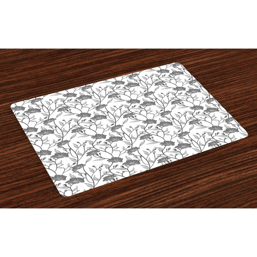 Grey Placemats Set of 4 Modern Graphic of Flowers and Branches with