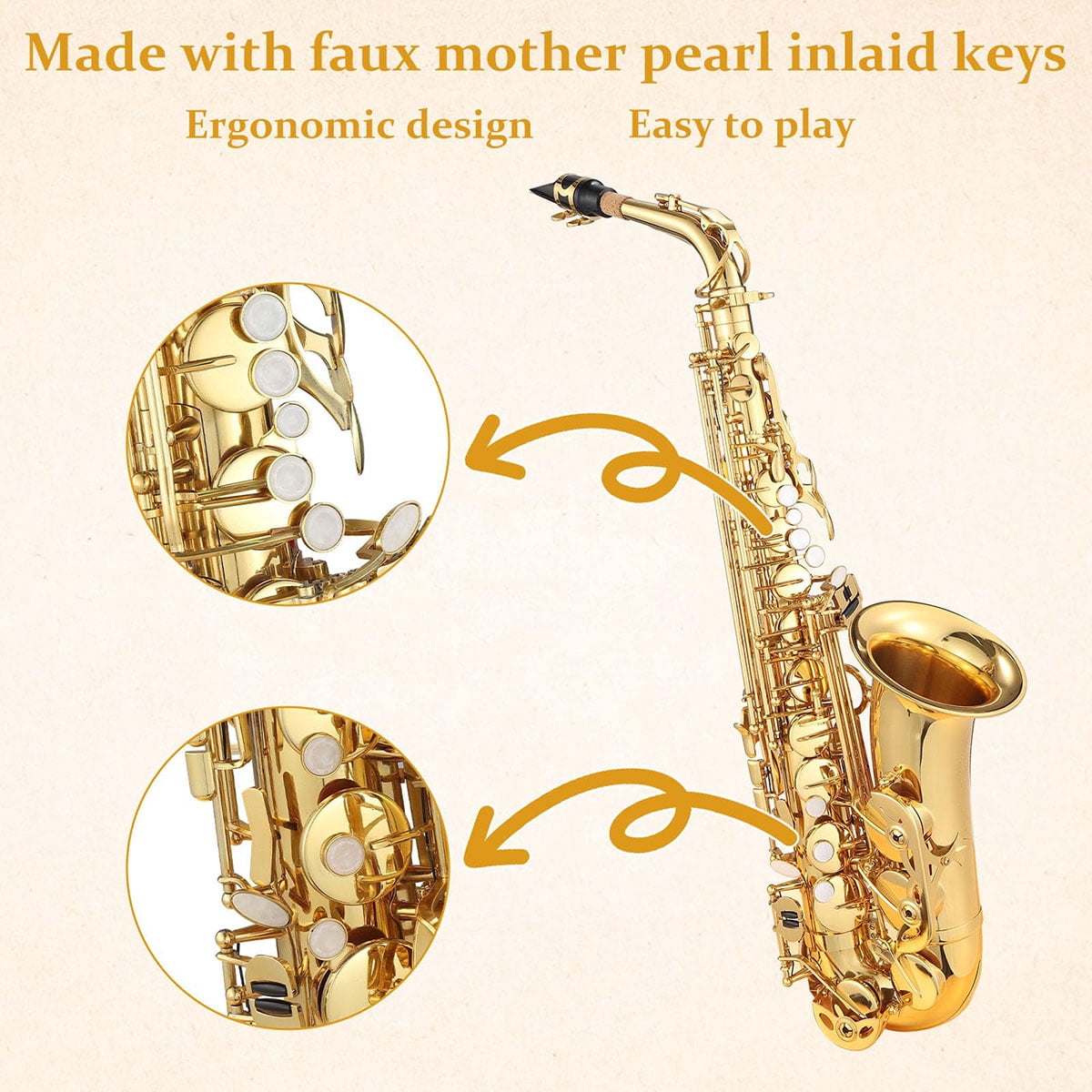 Ataucjin Beginner Eb Saxophone Flat Alto Saxophone, Eb Alto Saxophone, AS-100 Alto Saxophone With Mouthpiece, Reeds, Stand, Case, Cleaning Cloth, Gloves and Brush, Gold Alto for Student Musicians