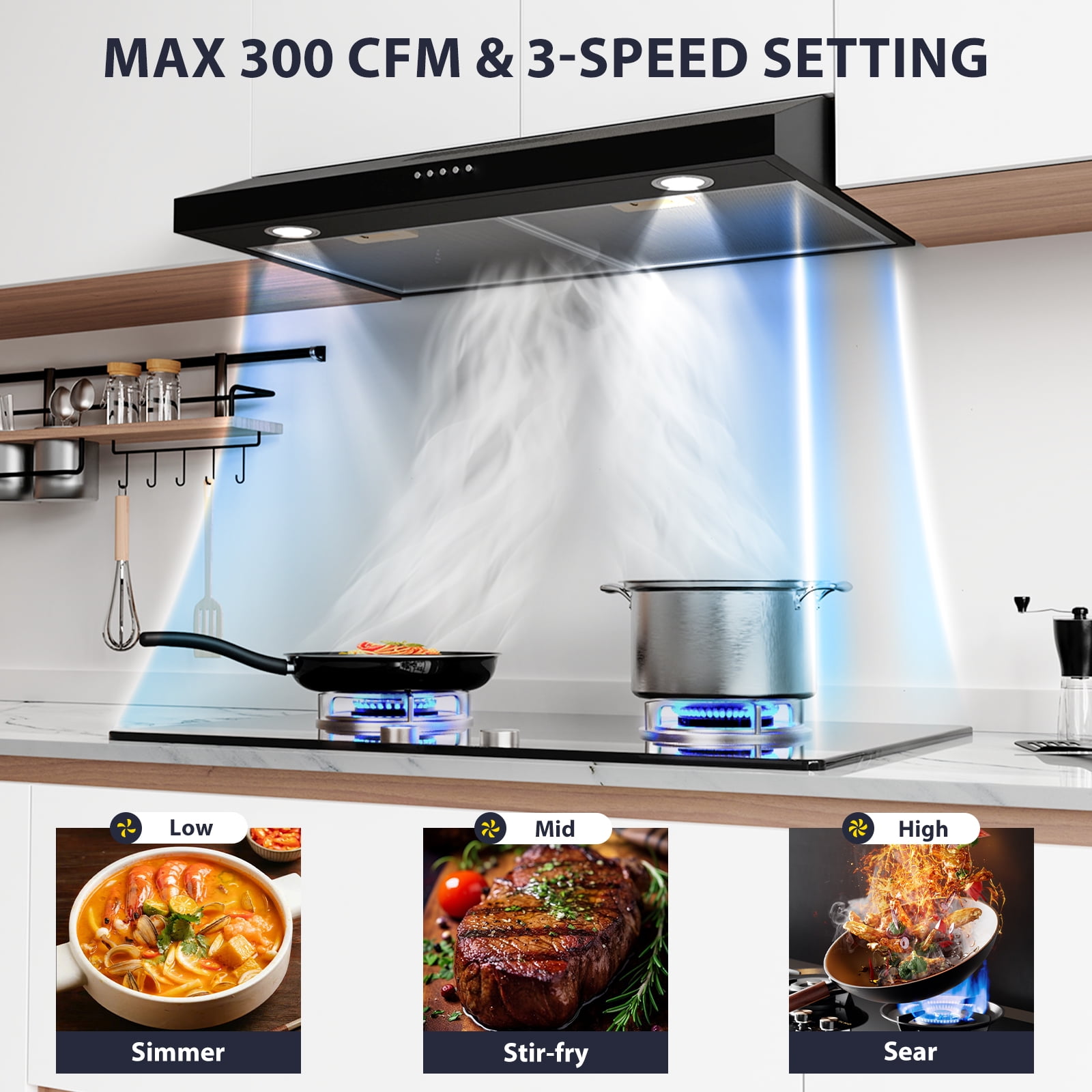 GRACEALL 30" Under Cabinet Range Hood Black, Ducted/Ductless Kitchen Hood, Campana Extractora para Cocina with Charcoal Filter