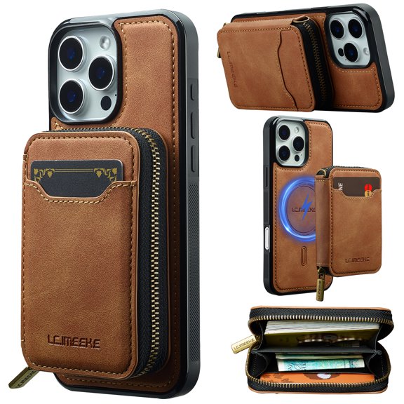 2-in-1 Wallet Case for iPhone 14 Pro Max, PU Leather TPU Cover with Detachable Magnetic Zipper Card Bag, Retro Shockproof Classic Rugged Protective Phone Case, Brown