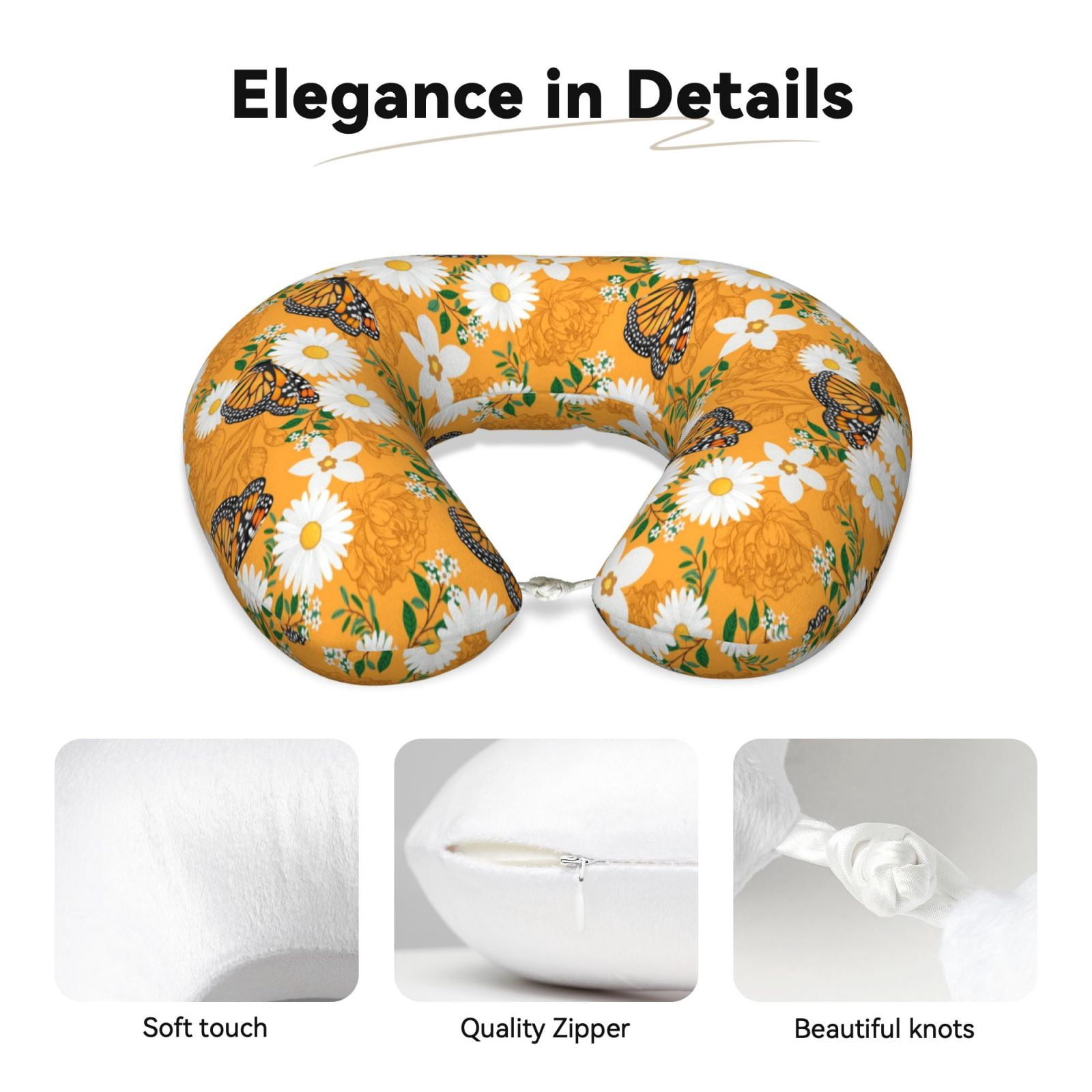 Xecao White Floral and Butterflies Print Memory Foam Cervical Neck Pillow Versatile U-Shaped Pillows for Home,Office,Camping,Travelling,Soft Washable Cover