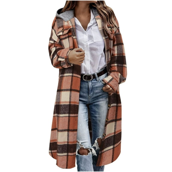 Long Hoodie Trench Coat for Women Loose Long Sleeve Button Down Plaid Shirt Jackets Casual Flannel Outerwear