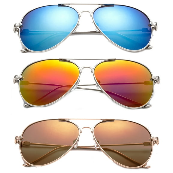3 Pack Metal Rim Aviator Sunglasses for Men for Women, Flash Mirror Lens UV400, Full Metal Temple, Blue, Orange & Gold