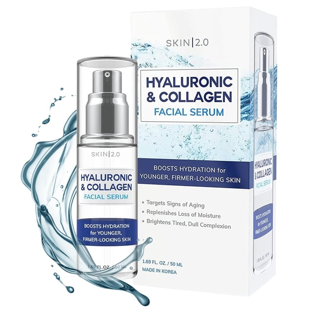 Suero facial de ácido hialurónico y colágeno Skin 2.0 - Probado por dermatólogos - Retiene la humedad Suero facial hidratante antienvejecimiento para reafirmar la piel - Cuidado de la piel coreano - T