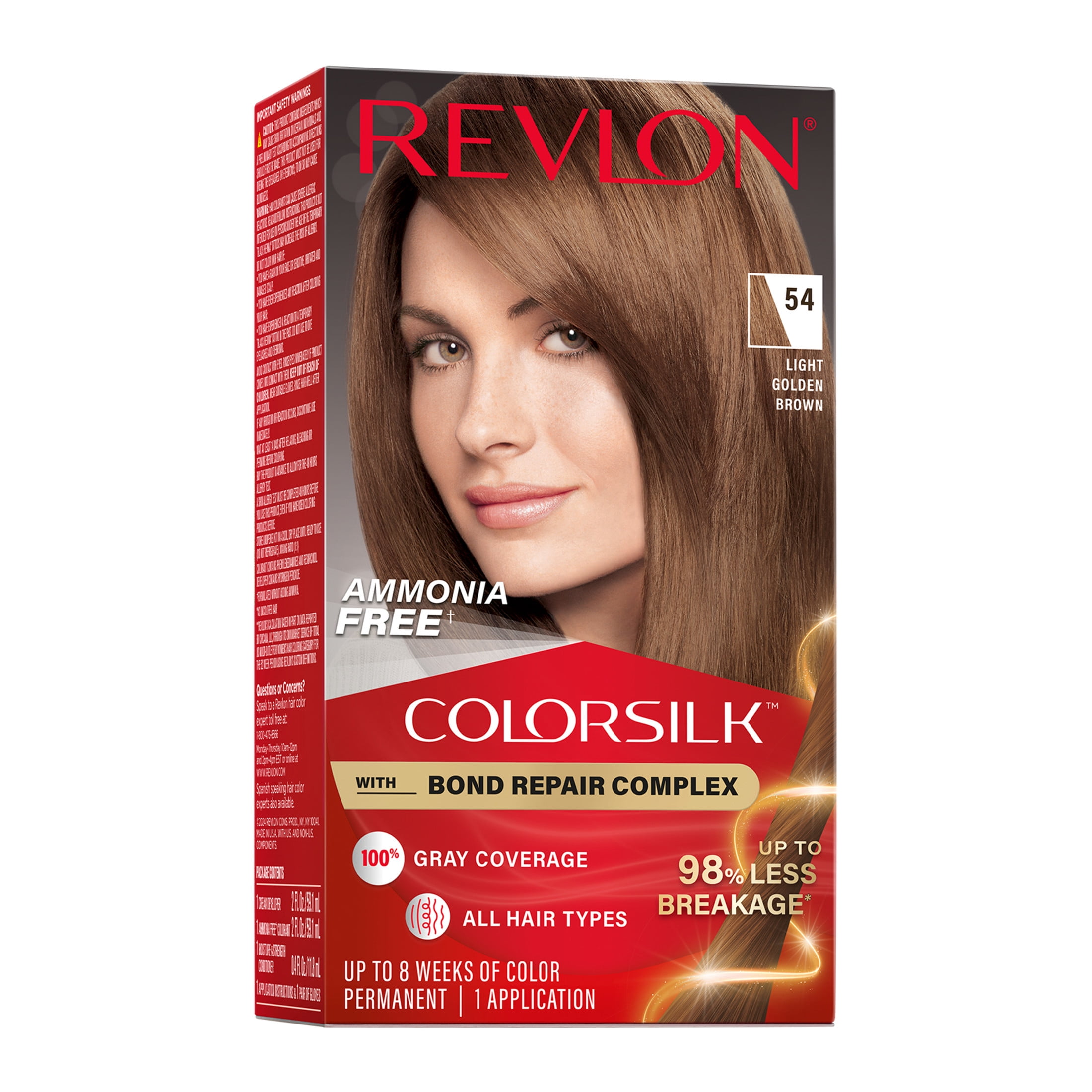(3 pack) Revlon ColorSilk Permanent Hair Color, Bond Repair Complex, 54 Light Golden Brown, 1 pack