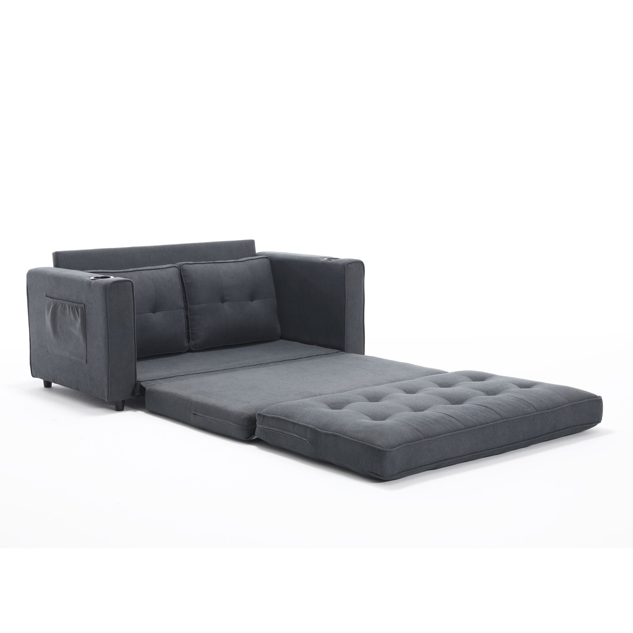 UHOMEPRO Convertible Futon Sofa Bed, Pull Out Loveseat Sleeper Sofa with Side Pockets and Cup Holders, Comfy 3-in-1 Foldable Sofa Couch, Upholstered Floor Couch for Living Room Apartment, Dark Gray
