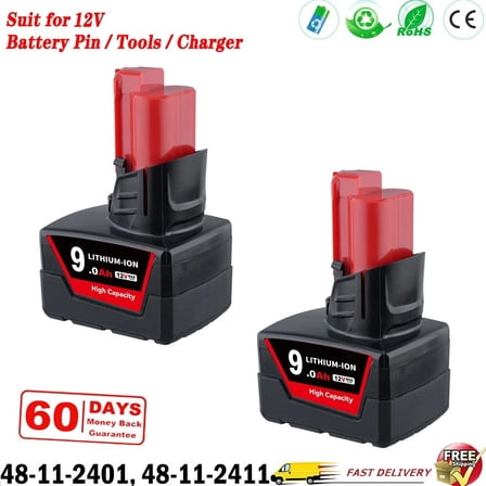 【2PCS】M12 9.0Ah 12V Replacement for Original M12 Battery Lithium-ion Compatible with 48-11-2420 48-11-2411 48-11-2440 48-11-2402 48-11-2401 M12 12 Volt Cordless Tools
