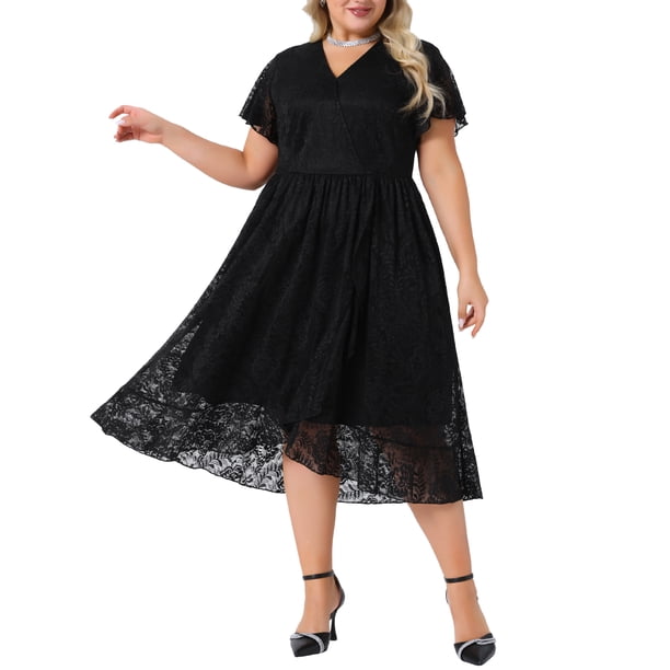 Vestido de cóctel midi de mujer plus size con flores y encaje de Agnes Orinda, de doble capa, con escote en V y mangas cortas, corte A, 2X negro
