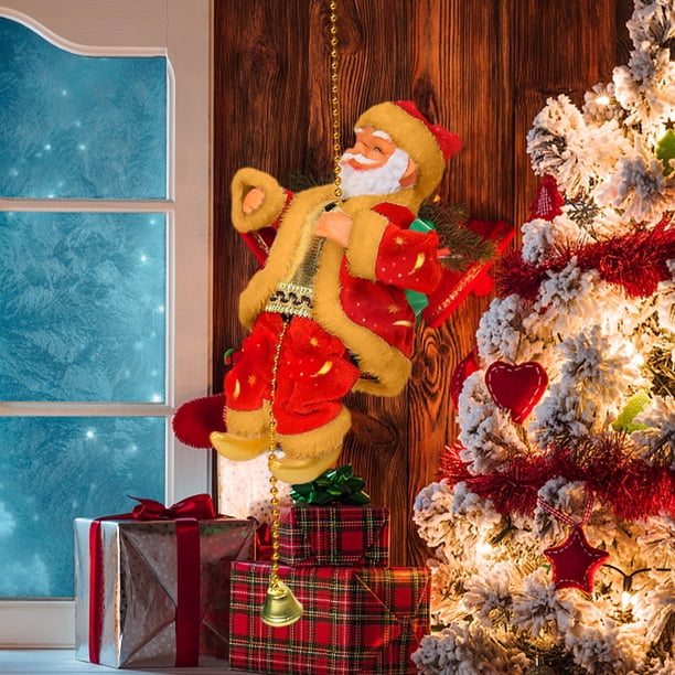 Adorno de Papá Noel con escalera | Figura navideña con música y cuerda | Decoración navideña para el árbol de Navidad, regalo para niños, hogar, chimenea, jardín, decoración de temporada