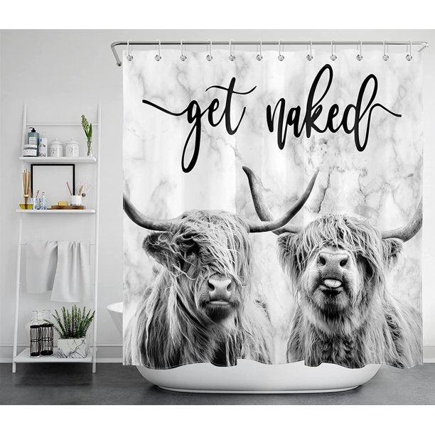 Cortina de ducha Farmhouse Highland Cow con ganchos, divertido toro salvaje occidental sobre fondo de mármol gris moderno, cortina de baño desnuda, cortina de baño de tela de poliéster impermeable de JAMW Sencillez
