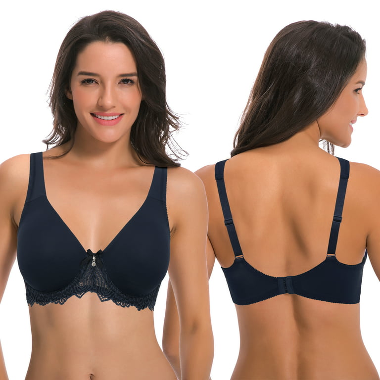 Curve Muse Women's Plus Size Unlined Underwire Lace Bra with Cushion  Straps-2PK-NAVY, LIGHT YELLOW-42DD