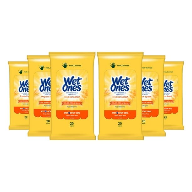 Wet Ones Antibacterial Hand Wipes, Tropical Splash, 20 Count (Pack of 6