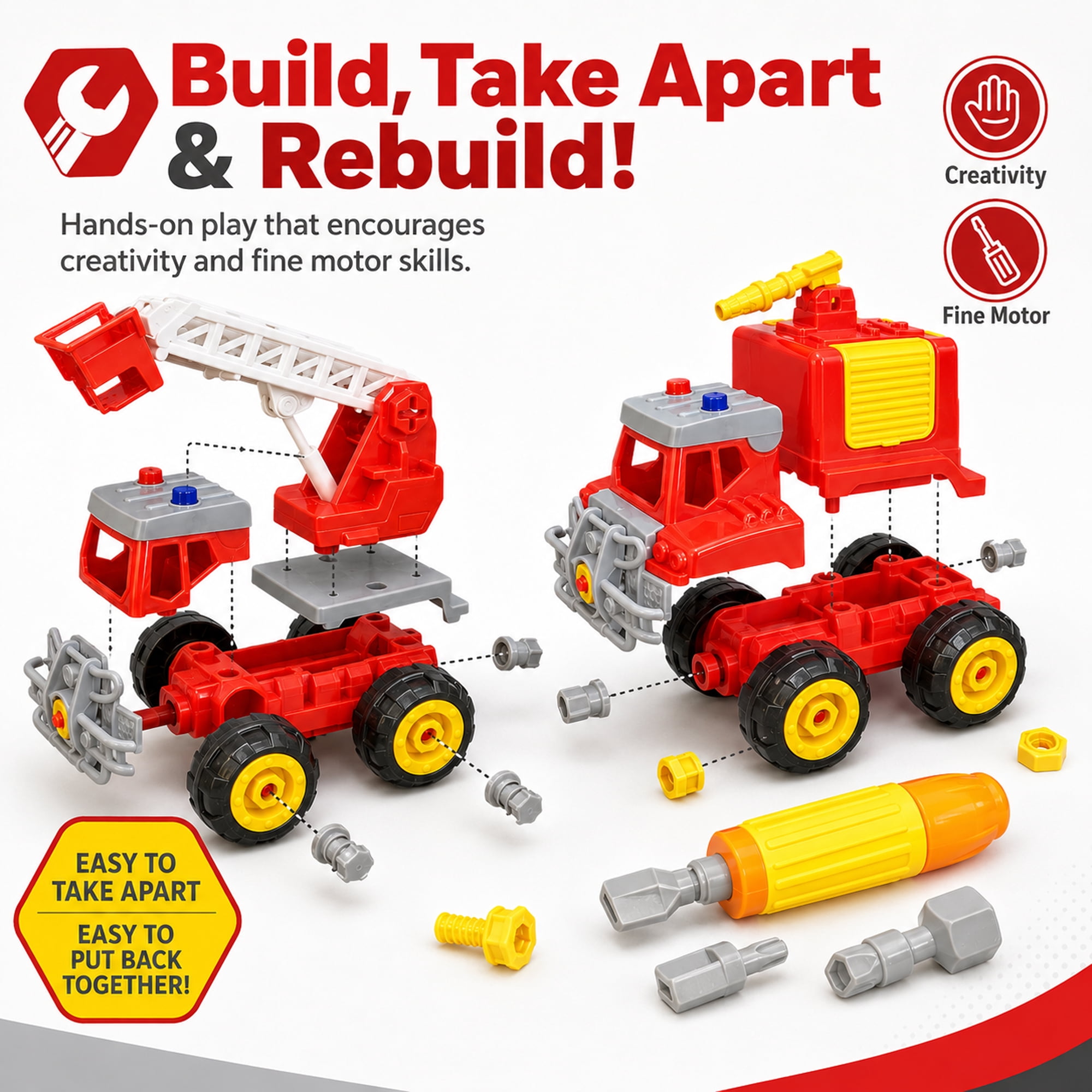 Take Apart Fire Truck Toy Set for Kids Ages 3+, DIY Rescue Vehicle Building Kit with Screwdriver, Traffic Signs & Storage Case