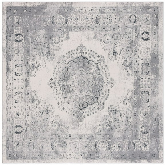 SAFAVIEH Odyssey Edgar Damask Polyester Area Rug, Grey/Ivory, 6'7" x 6'7" Square