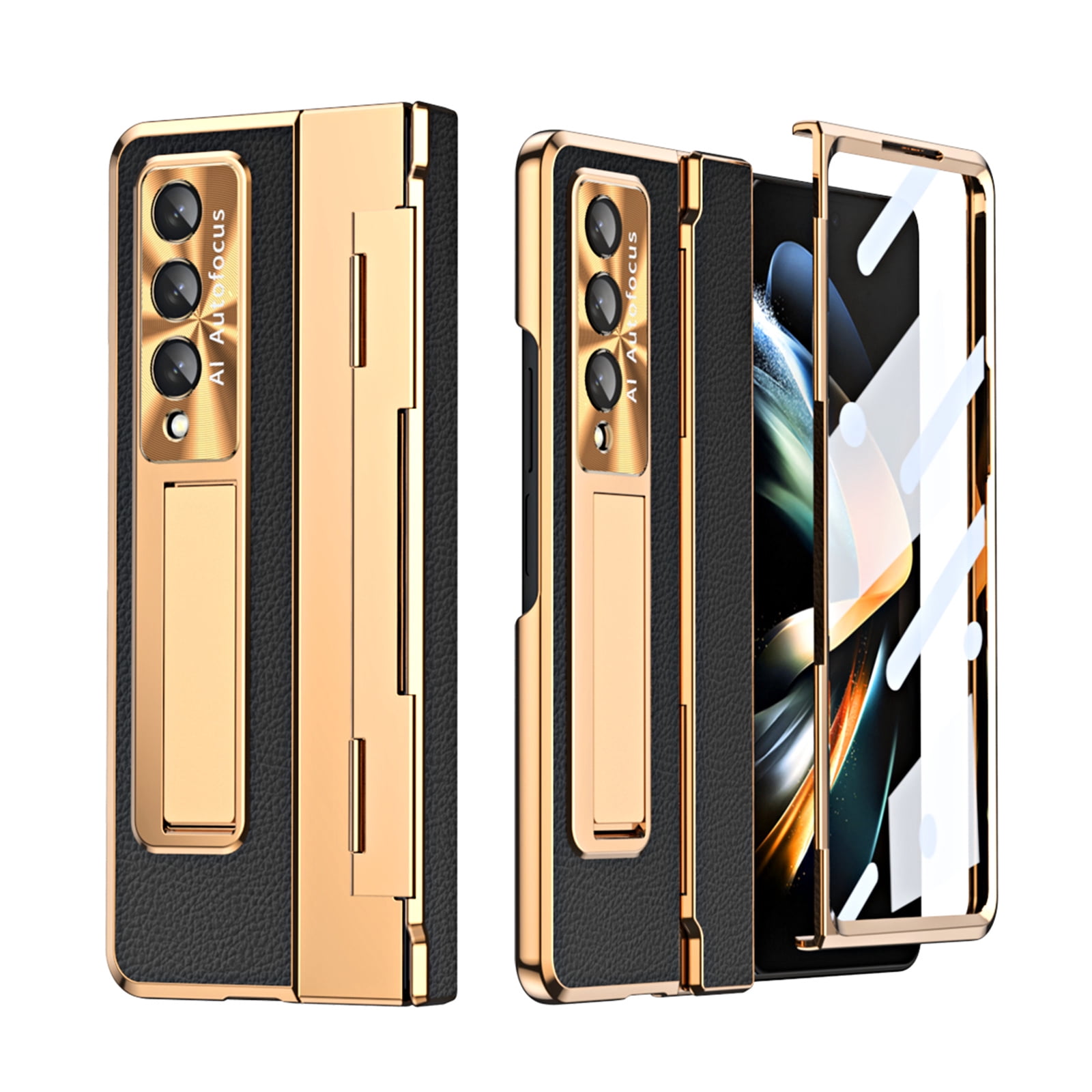 TECH CIRCLE Galaxy Z Fold 3 Case, Ultra-Thin Luxury PU Leather Hard PC Kickstand Anti-Scratch Shockproof Hinge Protection Case Support Wireless Charging for Samsung Galaxy Z Fold 3 5G, Gold+Black