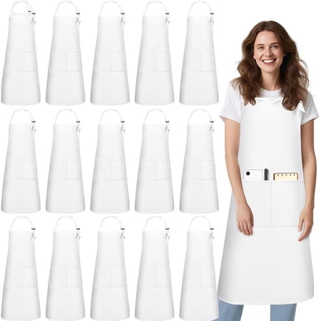 15 Pack White Aprons Bulk, Adjustable Kitchen Apron with 2 Pockets, Machine Washable Bib Apron with Adjustable Strap, Waterdrop Resistant Aprons for Women Men Kitchen BBQ Painting Crafting