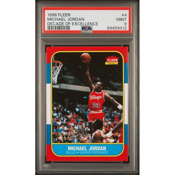 Graded 1996 Fleer Michael Jordan #4 Decade of Excellence Rookie Reprint Basketball Card PSA 9 Mint