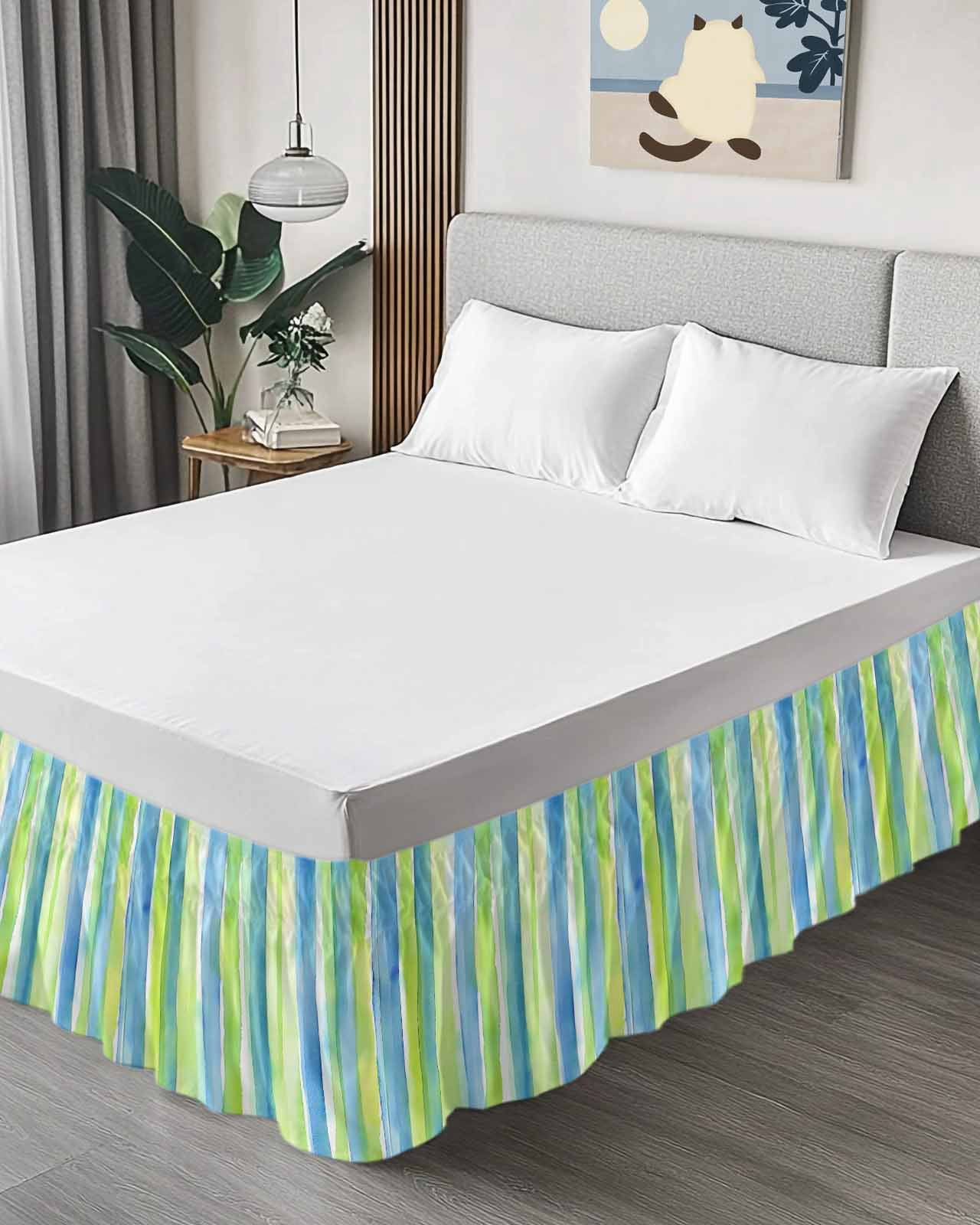 Abstract Art Bed Skirt Queen Size 16" Drop Blue Green Line Stripes Gradient Modern Art Ruffled Wrap Around Bed Skirts Adjustable Elastic Bedskirt Dust Ruffle for Queen Size Bed