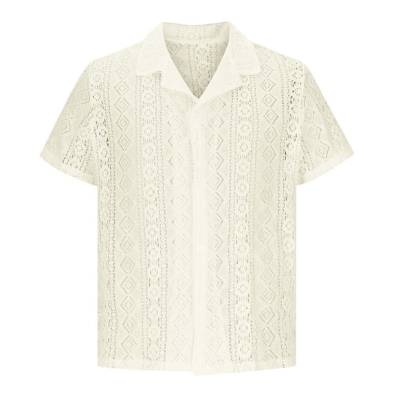 Zylanna Men's Turndown Collar Shirts, Short Sleeve Lace Hollow Out Button Down Summer Casual Cardigan Trouses for Men Beige Size 2XL