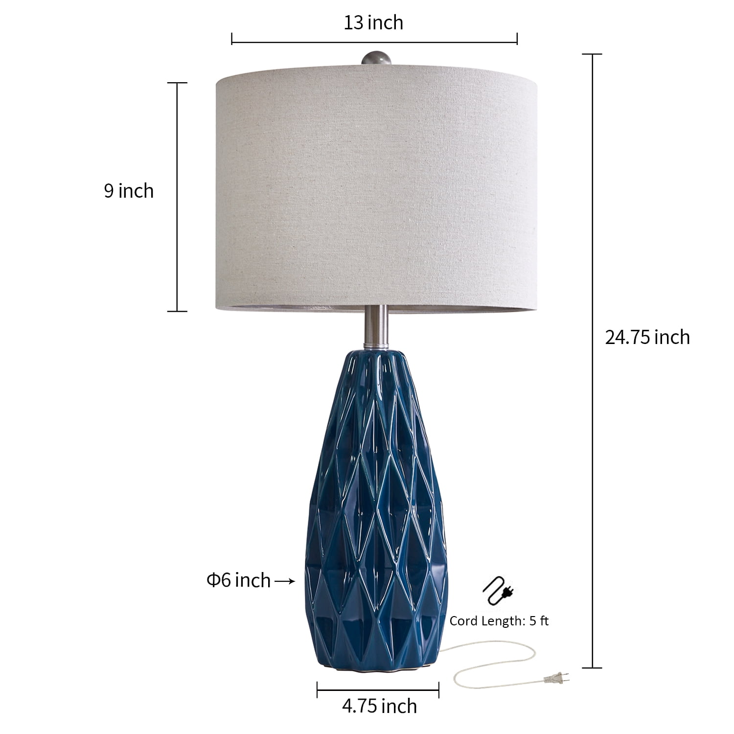 Oneach Modern Ceramic Table Lamp 24.75" Set of 2 Contemporary Blue Geometric Nightstand Lamps for Bedroom Living room