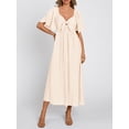 thumbnail image 6 of Yunliwuli Women Midi Dress Solid Color V-Neck Tie Knot Front Ruched Short Sleeve Dress Summer Casual Dress A-line Dress, 6 of 9