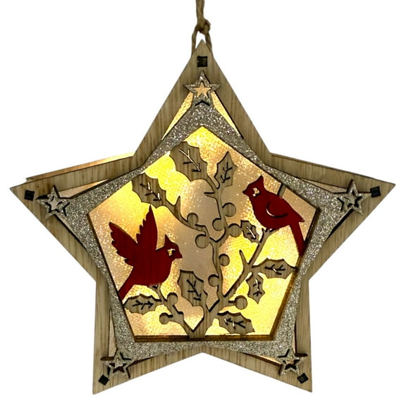Cardinal Light up Ornament 3D Wood Holiday Christmas Tree Star Decoration, LED Timer