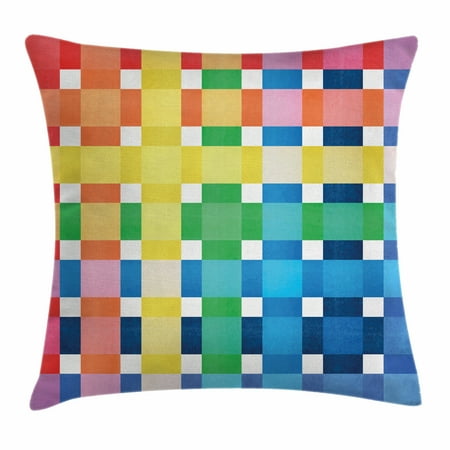 Small Throw Pillow (Checkered Throw Pillow Cushion Cover, Rainbow Colors Contiguous Big and Small Squares in Watercolor Style Geometrical, Decorative Square Accent Pillow Case, 16 X 16 Inches, Multicolor, by)
